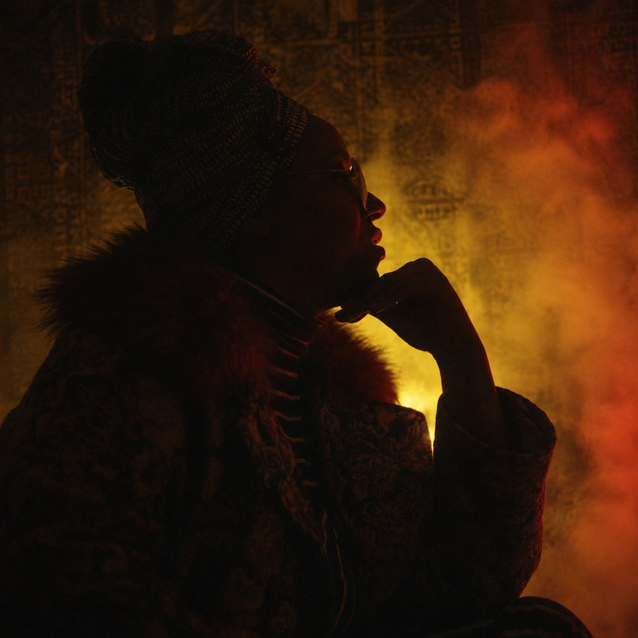 Profile portrait of a participant in dramatic silhouette before a warm amber-lit background with drifting fog, creating a contemplative fine art portrait.
